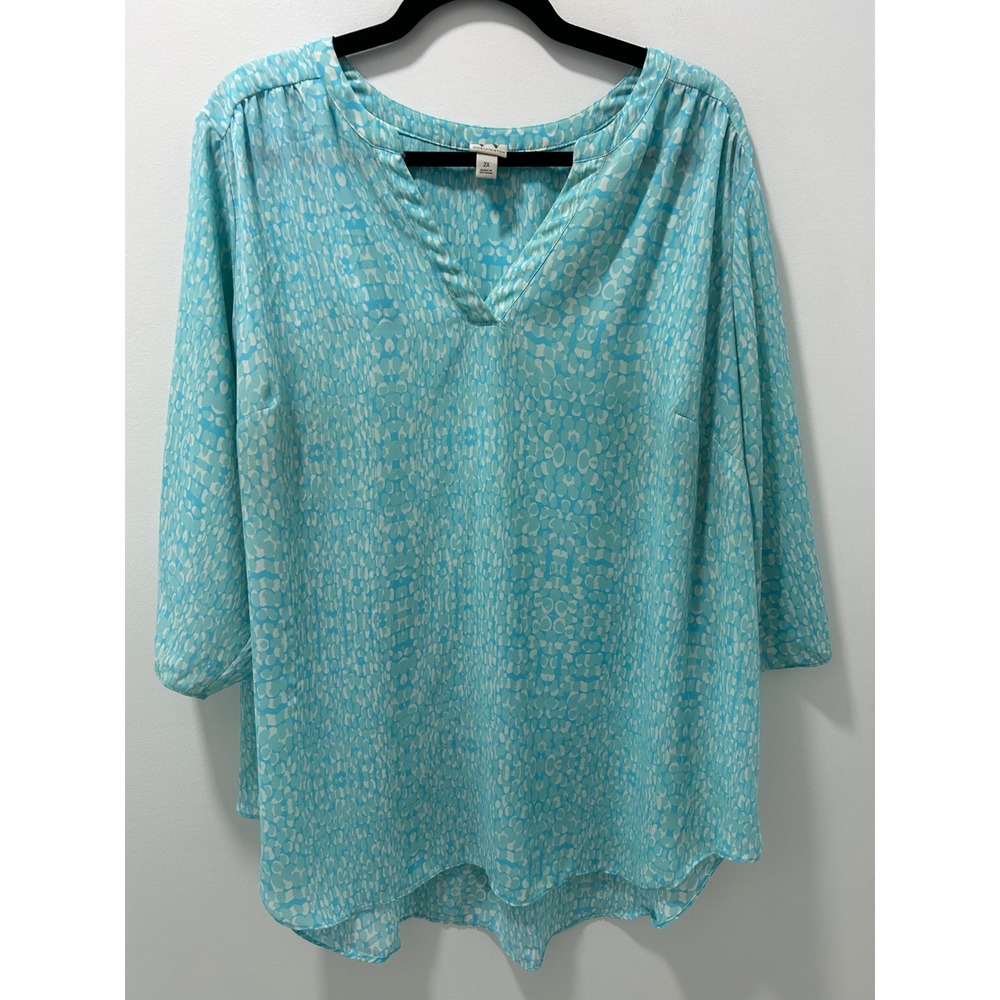 Worthington Womens 2X Blue White Print V-Neck Blouse 3/4 Roll Tab Sleeve Top